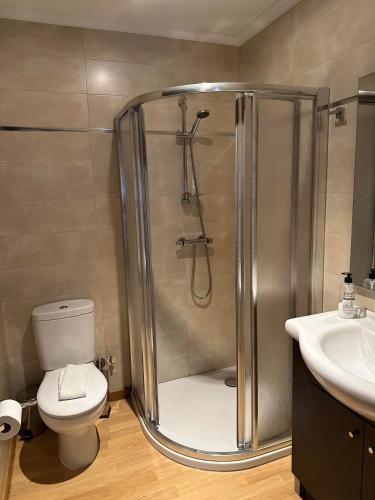 a bathroom with a shower with a toilet and a sink at Casa Blanco Conde in Laza