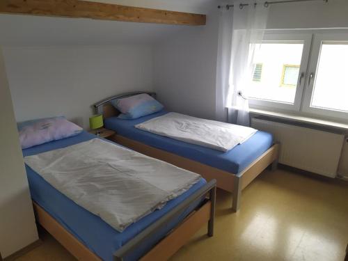 two beds in a small room with a window at Ferienwohnung Hofmann mit Balkon und Donaublick in Obernzell