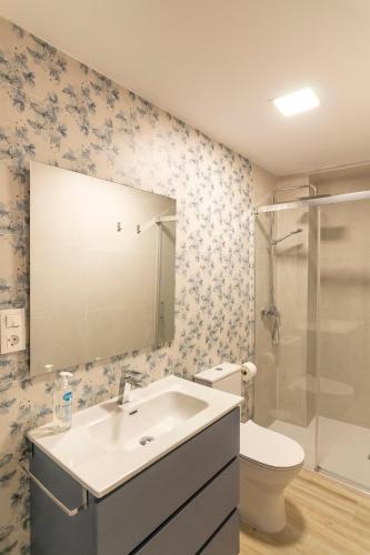a bathroom with a sink and a toilet and a mirror at Vivienda Turística CASA QUEVEDO in Úbeda