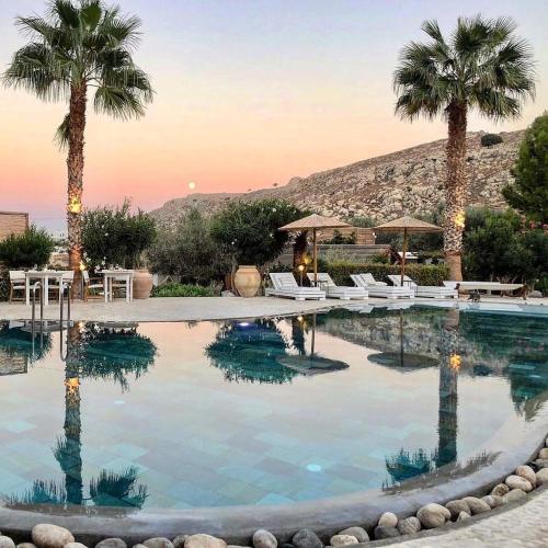 a large swimming pool with palm trees and chairs at Caesars Gardens Hotel & Spa - Adults Only in Líndos