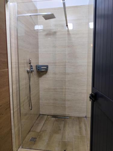a shower with a glass door in a bathroom at Auto Tana Guest House in Tirana