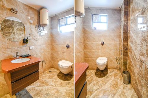two pictures of a bathroom with a toilet and a shower at FabHotel Shivani International in Rānchī