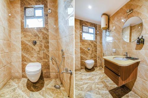 two pictures of a bathroom with a toilet and a sink at FabHotel Shivani International in Rānchī