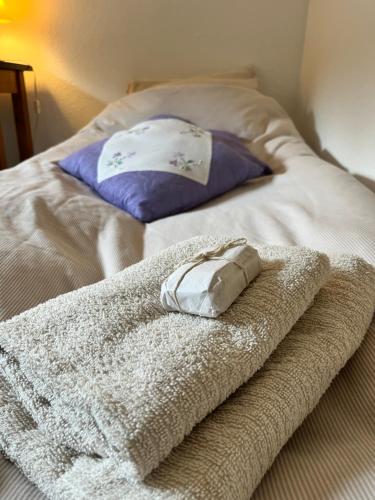 a bed with a towel and two pillows on it at Fred og Ro Ferielejlighed in Ulstrup