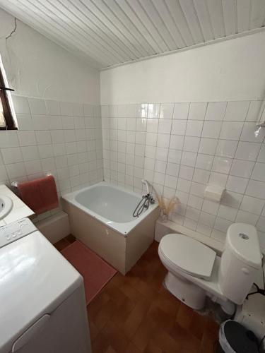 une salle de bain avec une baignoire, des toilettes et un lavabo dans l'établissement Maison de vacances Hautes Corbières, à Albières