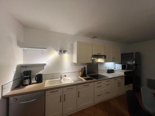 a kitchen with a sink and a refrigerator at Triplex à La Roche de Glun in La Roche-de-Glun