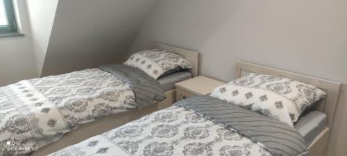 two twin beds in a small room with pillows at Apartamenty Szepty Mazur in Odoje