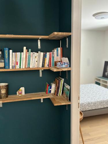 une chambre avec des étagères en bois remplies de livres dans l'établissement Villa piscine netflix, à Clarensac