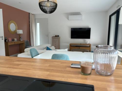 un salon avec un lit et une télévision dans l'établissement Villa piscine netflix, à Clarensac