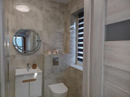 a bathroom with a toilet and a sink and a mirror at Morski Brzeg in Świnoujście