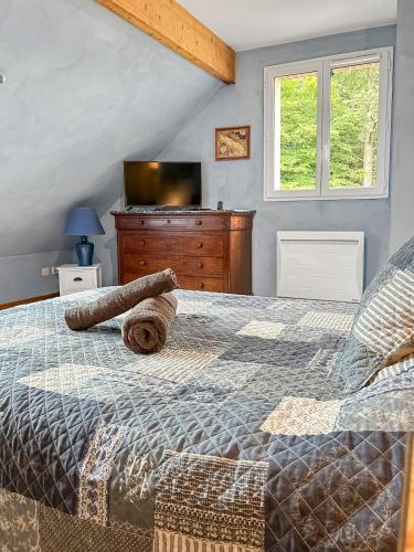 - une chambre avec un lit, une commode et une télévision dans l'établissement Nature et Bord d'Etang à Jars, à Jars