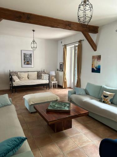 un salon avec des canapés et une table basse dans l'établissement Maison avec piscine entre Gard et Ardèche, à Gagnières