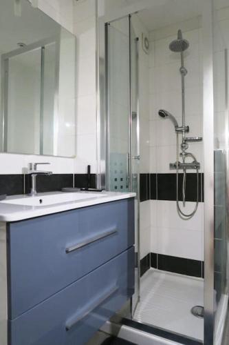une salle de bain avec un lavabo et une douche dans l'établissement Grand studio lumineux Boulouris, plage 5min à pied, à Saint-Raphaël