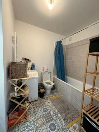 une petite salle de bain avec toilettes et douche dans l'établissement Appartement confortable et parking, à Asnières-sur-Seine