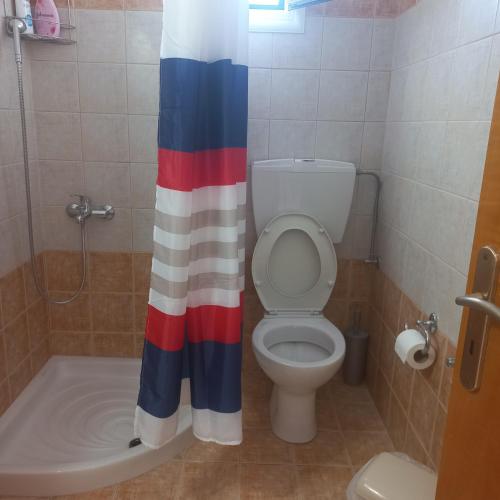 a bathroom with a toilet and a shower curtain at Central Rooms in Makry Gialos