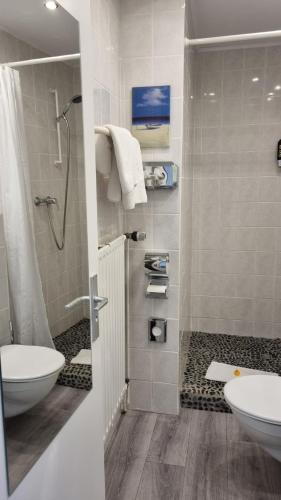 a bathroom with a shower and a toilet and a sink at Akzent Hotel Strandhalle in Schleswig
