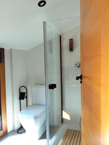 a bathroom with a toilet and a glass shower at Fridda House Rias Baixas Vigo in Cangas de Morrazo