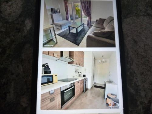 - deux photos d'une cuisine et d'un salon dans l'établissement studio rez de jardin, à Fréjus