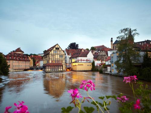 a river in a town with buildings and pink flowers at Hotel Nepomuk in Bamberg