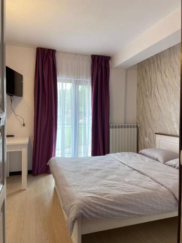 a bedroom with a bed and a window with purple curtains at Casa Complex Borsa in Statjunea Borsa