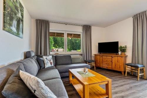 a living room with a couch and a tv at Fuchsmichelhof 4 in Seebach