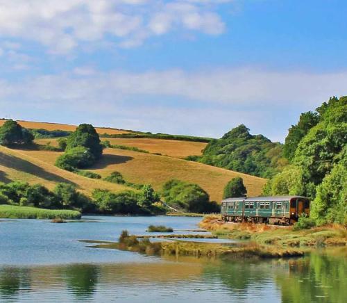 a train on the tracks next to a river at Shepherd's hut at Rosewood House in Liskeard