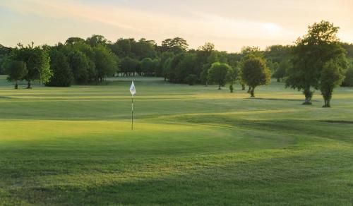 a golf course with a flag in the middle of a green at Rodway Hill Golf & Eco Pod Hotel in Gloucester