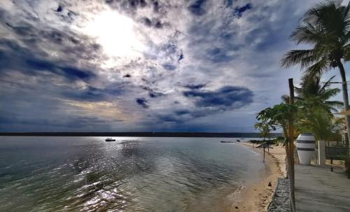 a beach with palm trees and a boat in the water at Repousante Beach House in Morrumbene