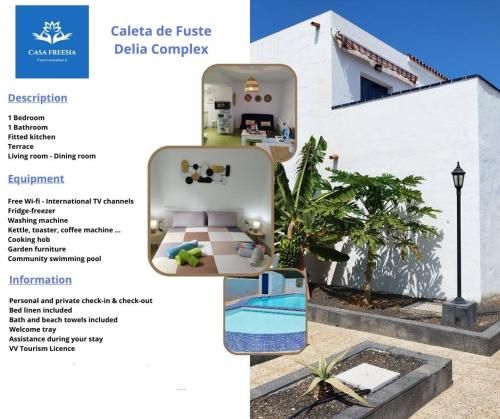 a collage of photos of a house with a pool at Air-conditioned flat Casa Freesia Caleta de Fuste in Caleta De Fuste
