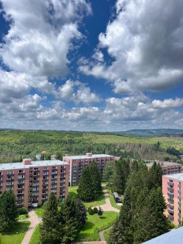 a view of a building with trees and buildings at Panoramic View Harz in Altenau