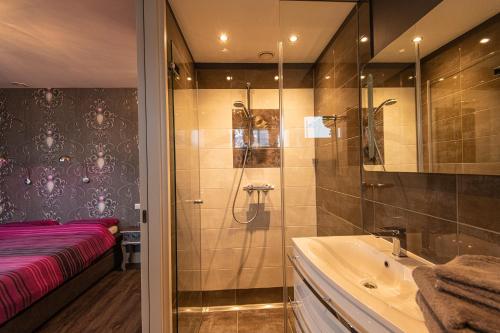 a bathroom with a shower and a tub and a sink at Villa Braas in Breukeleveen