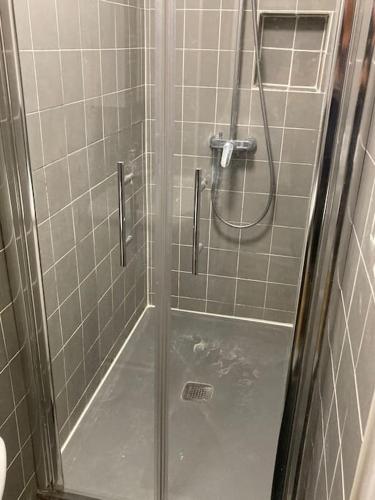 une douche avec une porte vitrée dans une salle de bain dans l'établissement Rooftop Appartement 75017, à Paris