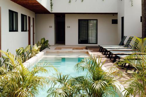 a swimming pool in the middle of a patio with plants at Departamento 103A cerca de la laguna 6 personas in Bacalar