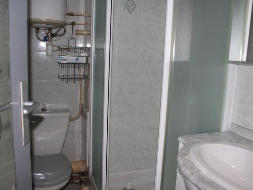 une salle de bain avec une douche, des toilettes et un lavabo dans l'établissement Appt cosy 4 pers, proche plage, parking - FR-1-229-769, à Gruissan
