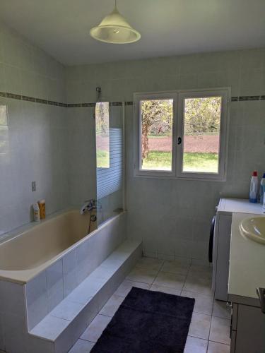 La salle de bains est pourvue d'une grande baignoire et de 2 fenêtres. dans l'établissement Maison au calme en Dordogne, à Trémolat