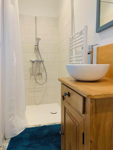 une salle de bain avec un lavabo et une douche dans l'établissement Perne, chambre d'hôtes à la campagne, à Frossay