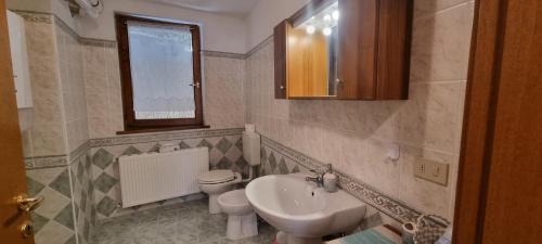 een badkamer met een wastafel, een toilet en een spiegel bij Stefy House in Pontebba