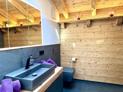 ein Badezimmer mit einem blauen Waschbecken und einer Toilette in der Unterkunft Ferienwohnung Hoffmann-Schiffer in Bischofswiesen