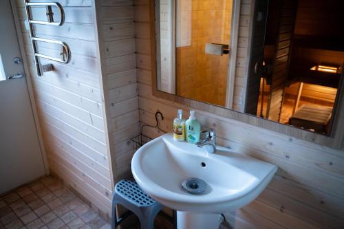 a bathroom with a sink and a mirror at Cozy beach cottage in Vääna-Jõesuu