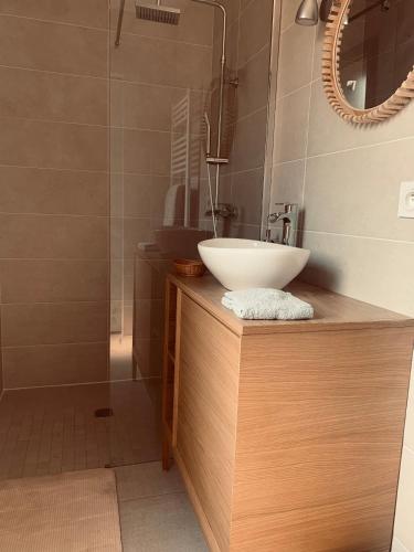 une salle de bain avec un lavabo et une douche dans l'établissement Villa bois avec piscine, à Arès