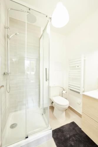 une salle de bain blanche avec douche et toilettes dans l'établissement RB-1G - Appartement F2 au 1er étage à Mulhouse de 1 à 3 pers, à Mulhouse