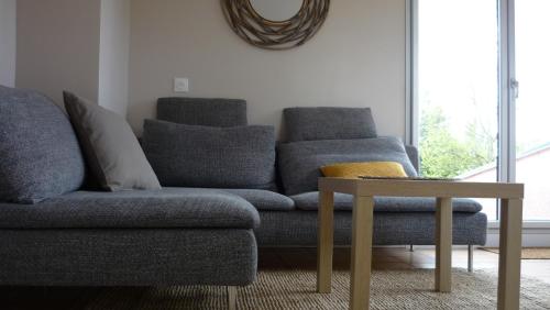 un salon avec un canapé et une table dans l'établissement Chez Caroline, à Rainneville