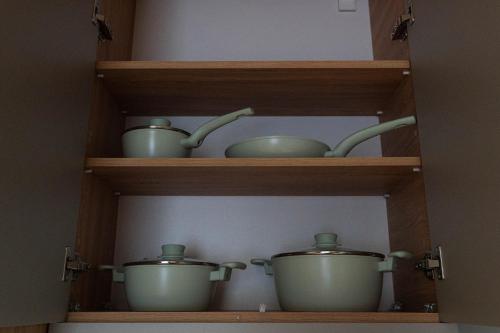 two pots and pans on shelves in a kitchen at Easy Rest in Tbilisi City