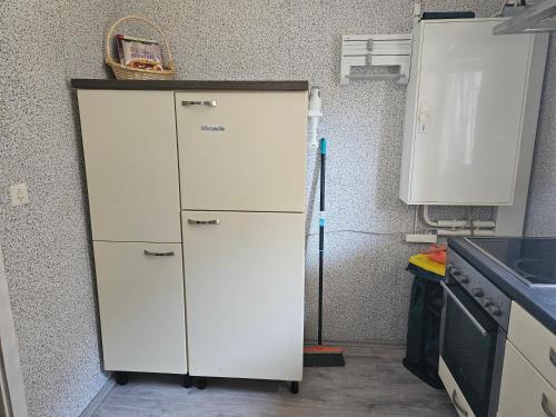 a white refrigerator in a kitchen next to a counter at Gästewohnung in der Nähe des Ferienparks Plötzky in Plötzky
