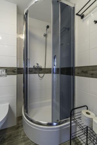 a shower with a glass door in a bathroom at FRAJDA Domki - Apartamenty 6-osobowe - salon i dwie sypialnie oraz Studia 4-osobowe - pokój z aneksem kuchennym in Rewal