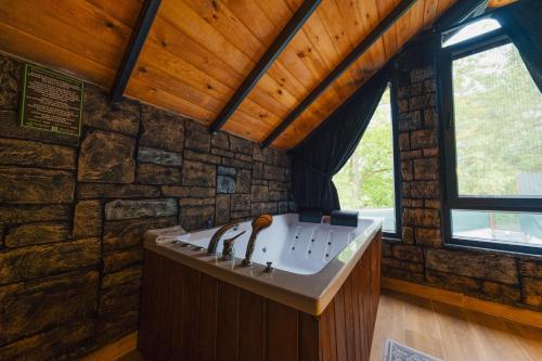 una cucina con una stufa in una stanza con un muro di pietra di Tree Bungalov Maşukiye a Kartepe