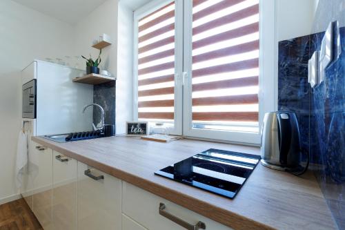 a kitchen with a counter with a sink and a window at APARTMÁNY Sninský dvor in Snina