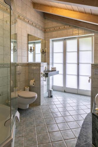 a bathroom with a toilet and a sink and a shower at Chalet Hammersbach in Grainau