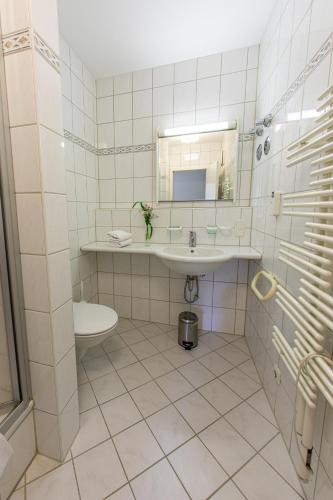 a bathroom with a sink and a toilet and a mirror at Chalet Hammersbach in Grainau