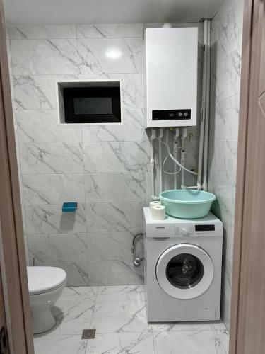 a bathroom with a washing machine and a toilet at Cottage V1 Bakuriani in Bakuriani
